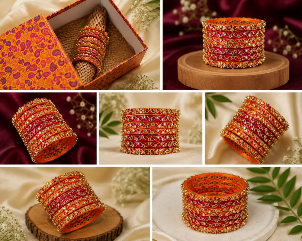Orange and pink bangles portfolio collage with floral accents.