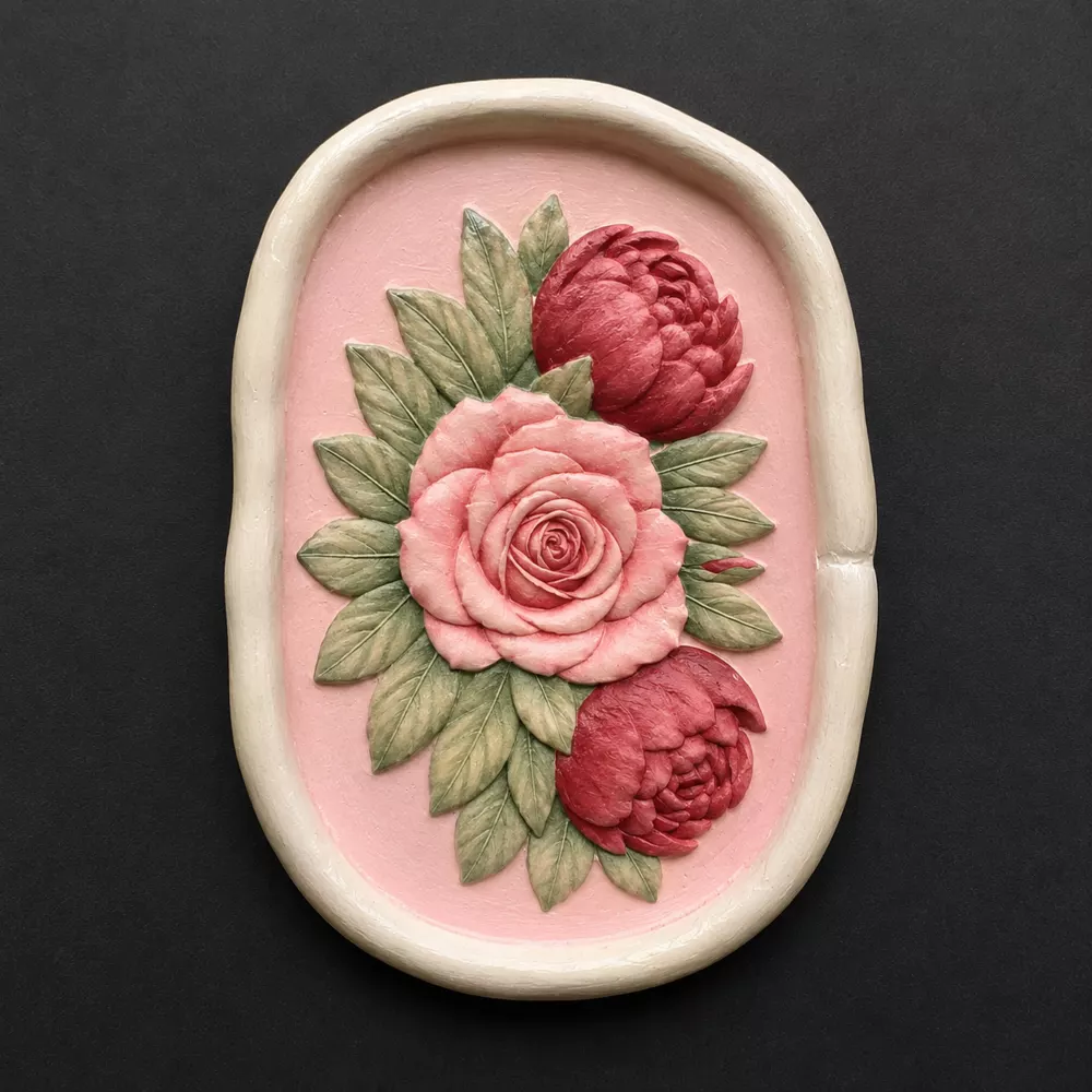 Pink handcrafted floral clay trinket dish.