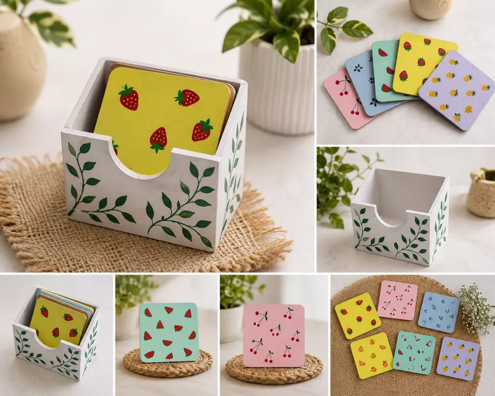 Colorful handmade fruit coaster holder and coaster set collage.