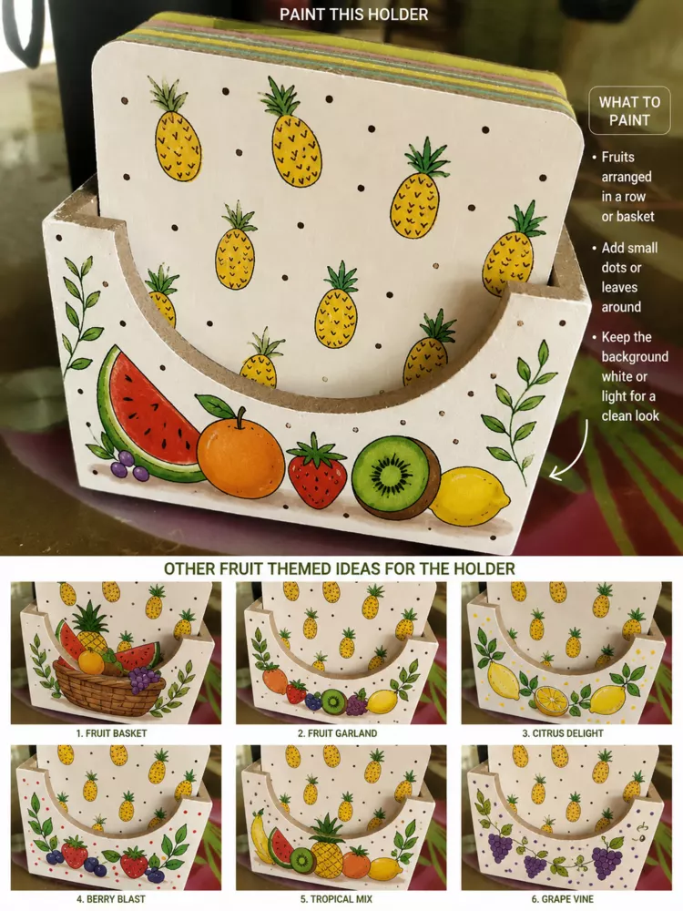 DIY fruit-themed coaster holder ideas board.