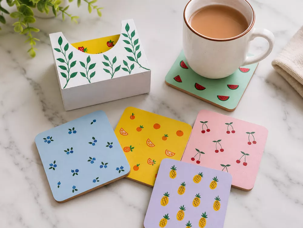 Hand-painted fruit coaster set with holder and tea cup.
