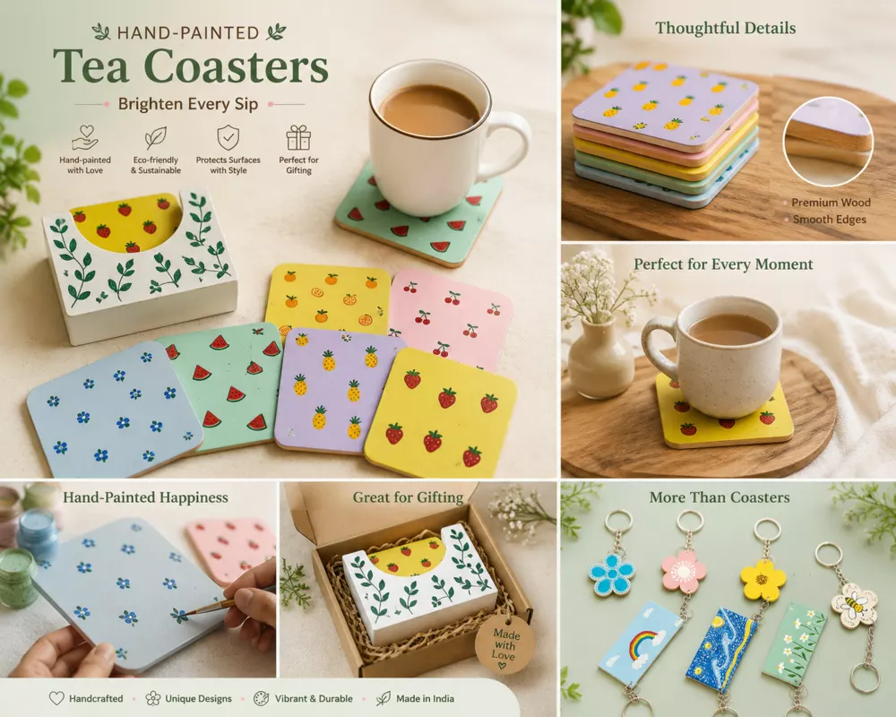 Hand-painted tea coasters product board.