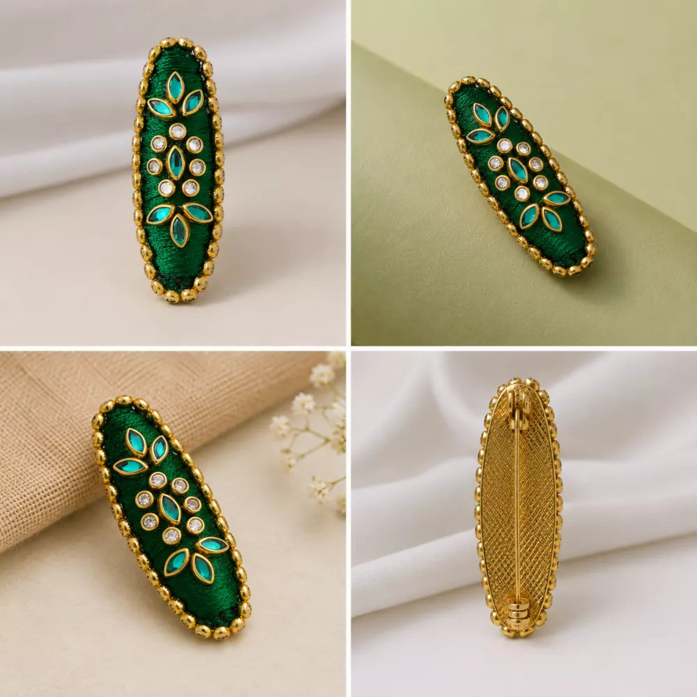 Emerald floral saree pin portfolio grid.