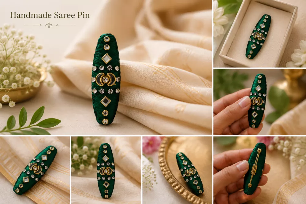 Emerald thread saree pin portfolio collage.