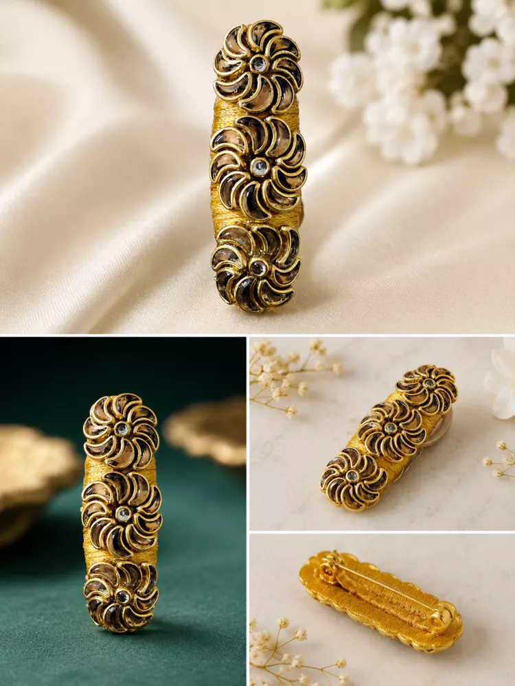 Gold floral saree pin portfolio collage.