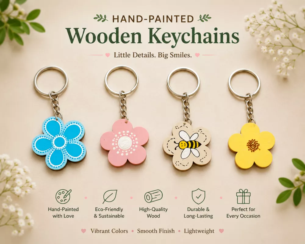 Hand-painted flower wooden keychains detail board.