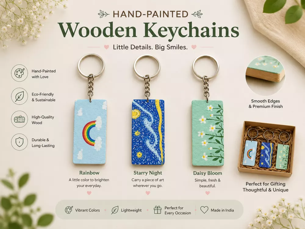 Hand-painted wooden keychains collection.