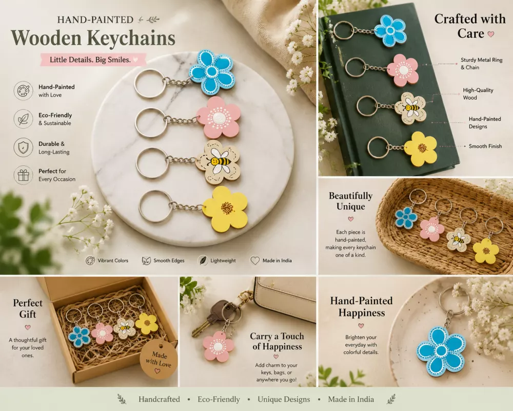 Hand-painted flower wooden keychains portfolio board.