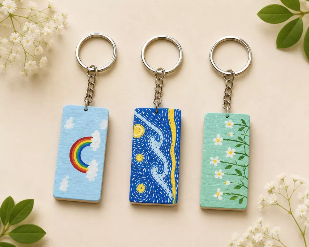 Rainbow, starry night, and daisy wooden keychains flat lay.