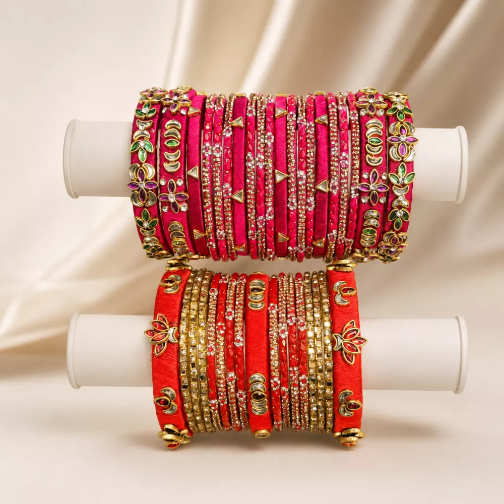 Full display of a handcrafted silk thread bangle combo