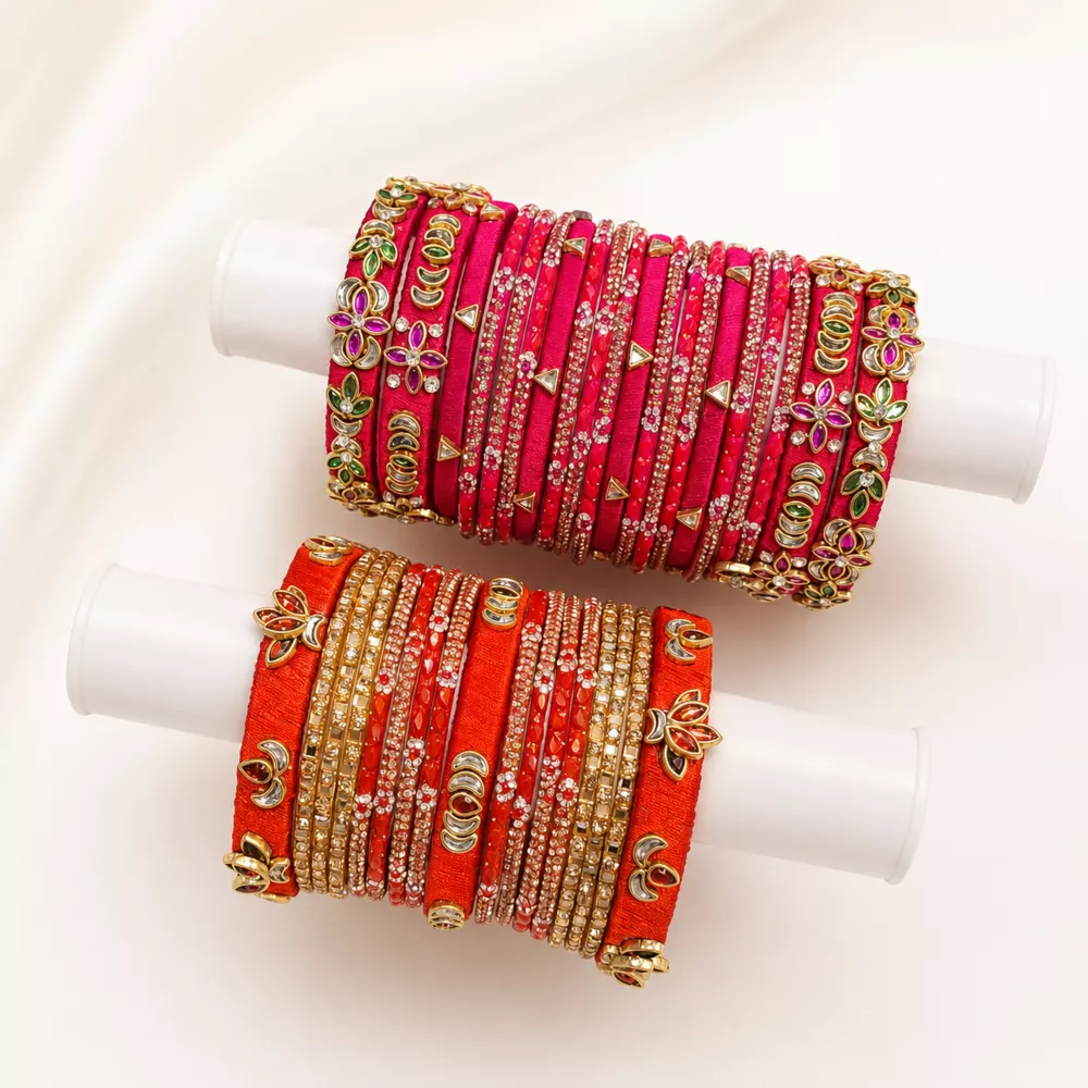 Red and orange bridal silk thread bangle set.