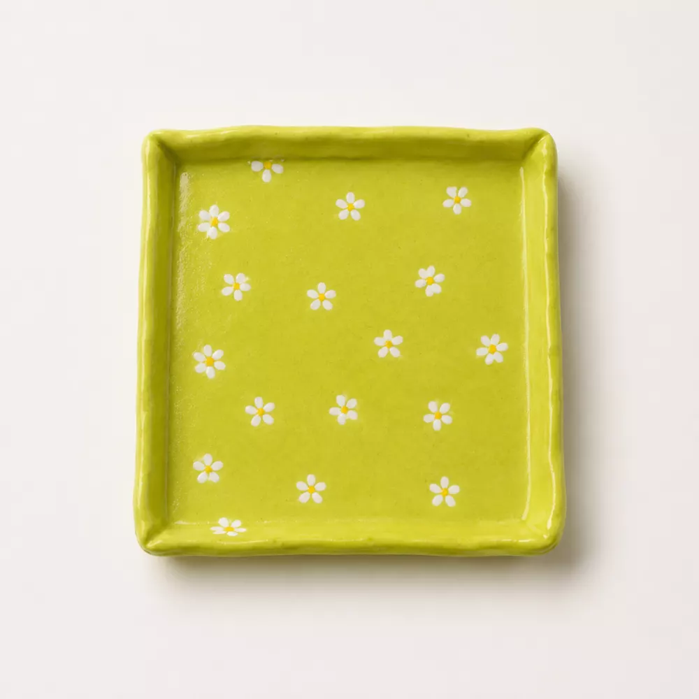 Lime green handmade tray with daisy details.